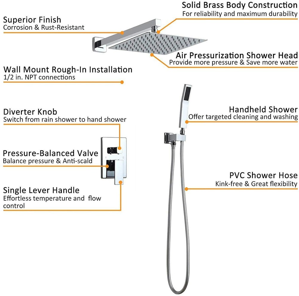 Shower Faucet Wall Mount Shower Combo Set Handheld Shower Solid Brass in Chrome