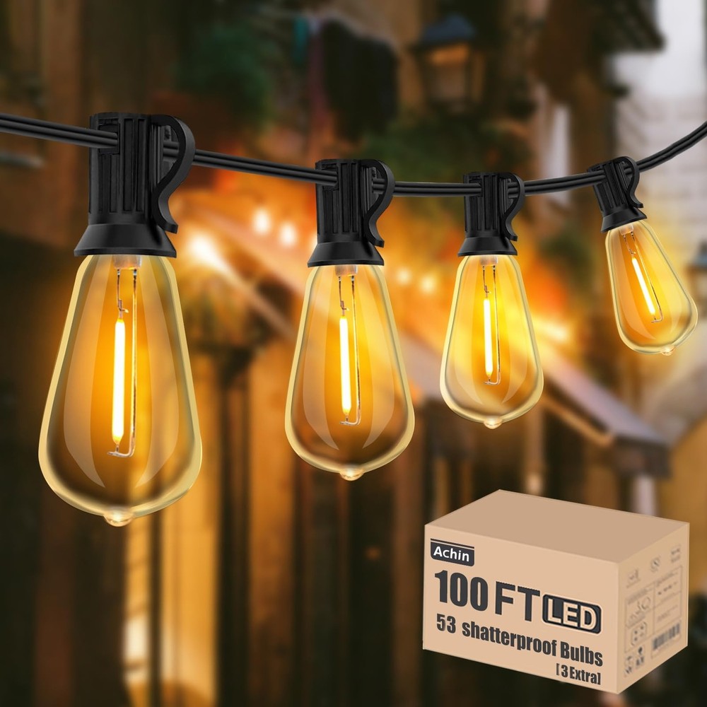 Achin 100FT Outdoor String Lights LED Dimmable Patio Lights String Waterproof...