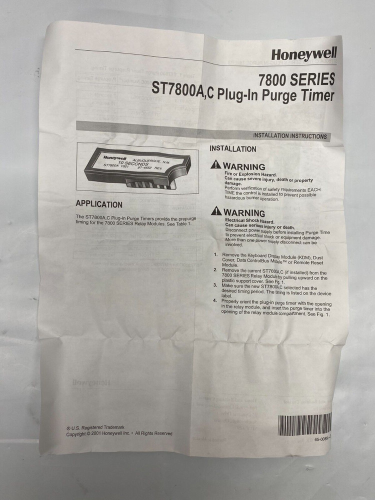 Honeywell ST7800 A 1021 - Fixed 10 Second Purge Timer
