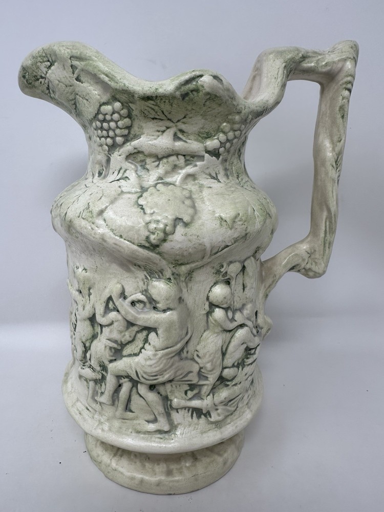 Vintage Ceramic Pitcher Raised Figures & Grape Vines Artist Signed & Dated 1971