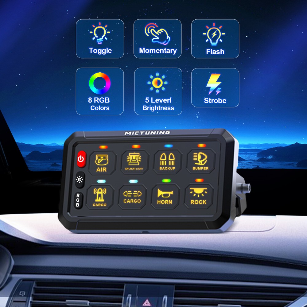 MICTUNING 8 Gang RGB LED Switch Panel Multifunction Circuit Control Relay System