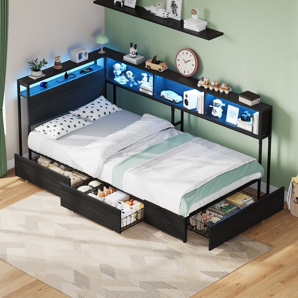 Corner Twin Bed Frame with 3 Storage Drawers, Bed Frame with LED & Charging