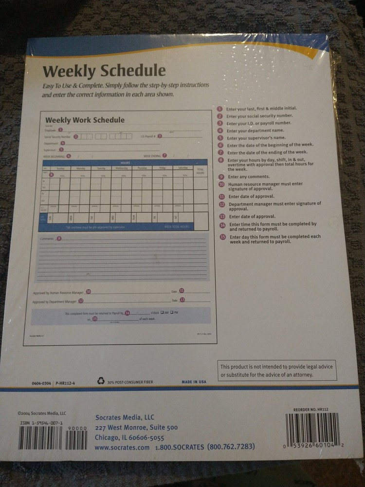 2 Pack Socrates Weekly Schedule Form HR112 New in Package