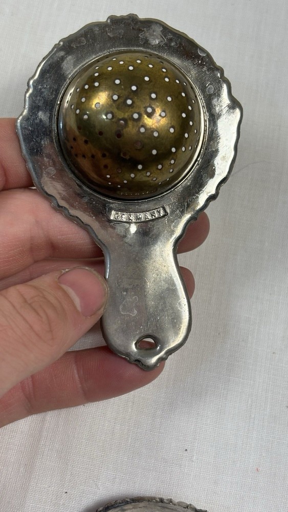 Ornate Metal Tea Strainer with Stand, Silver Brass, Germany, Round Pattern