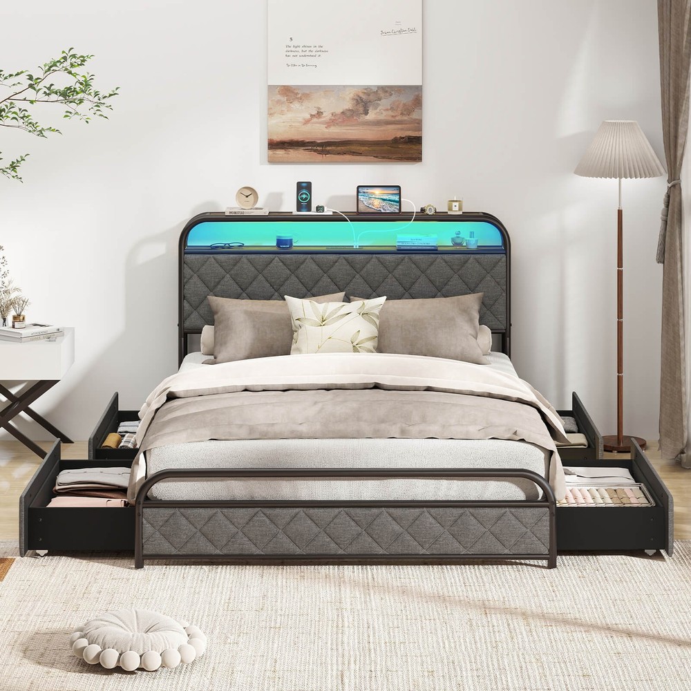 Full Size Bed Frame with LED Lights & Charging Station Storage Headboard