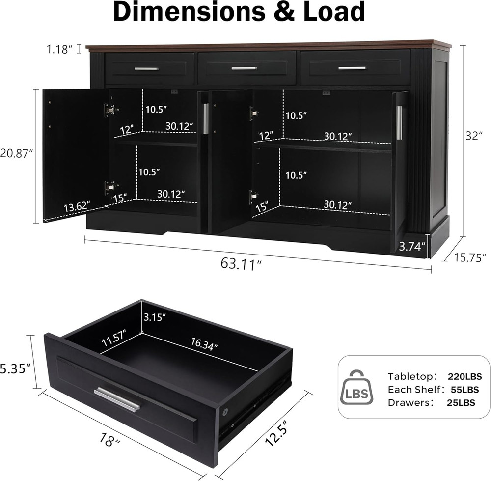 63" Black Fluted Buffet Cabinet with Storage - 4 Doors & 3 Drawers