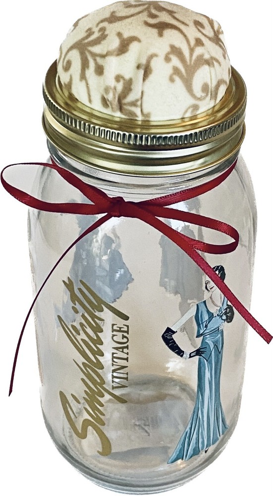 SIMPLICITY VINTAGE STORAGE JAR WITH PIN CUSHION TOP.  BUTTON THREAD STORAGE