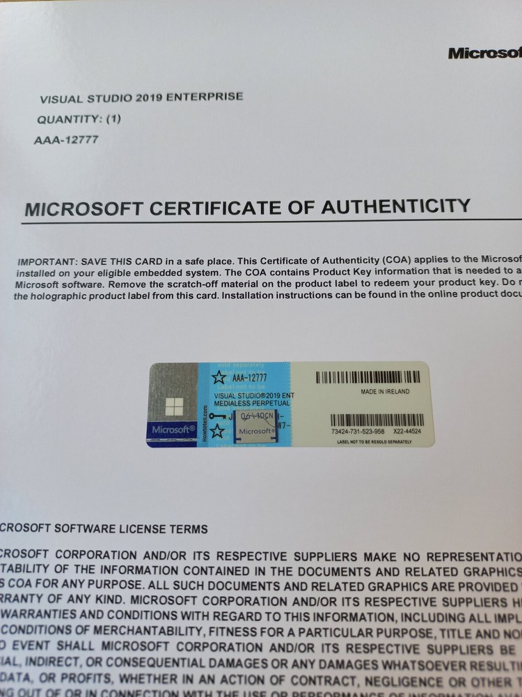 Microsoft Visual Studio 2019 Enterprise CoA AUTHENTIC License AAA-12777