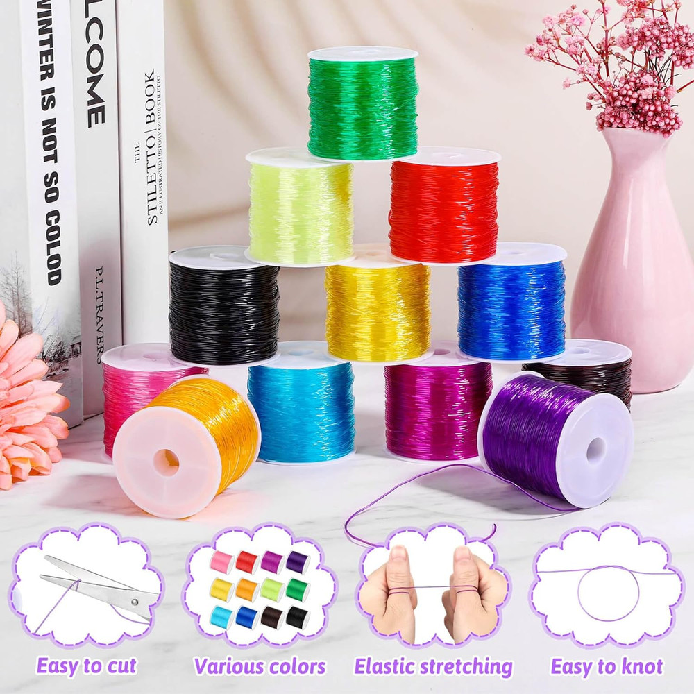 12 Rolls Elastic Crystal Tec String for Bracelets, 0.8 MM Stretch Bead...