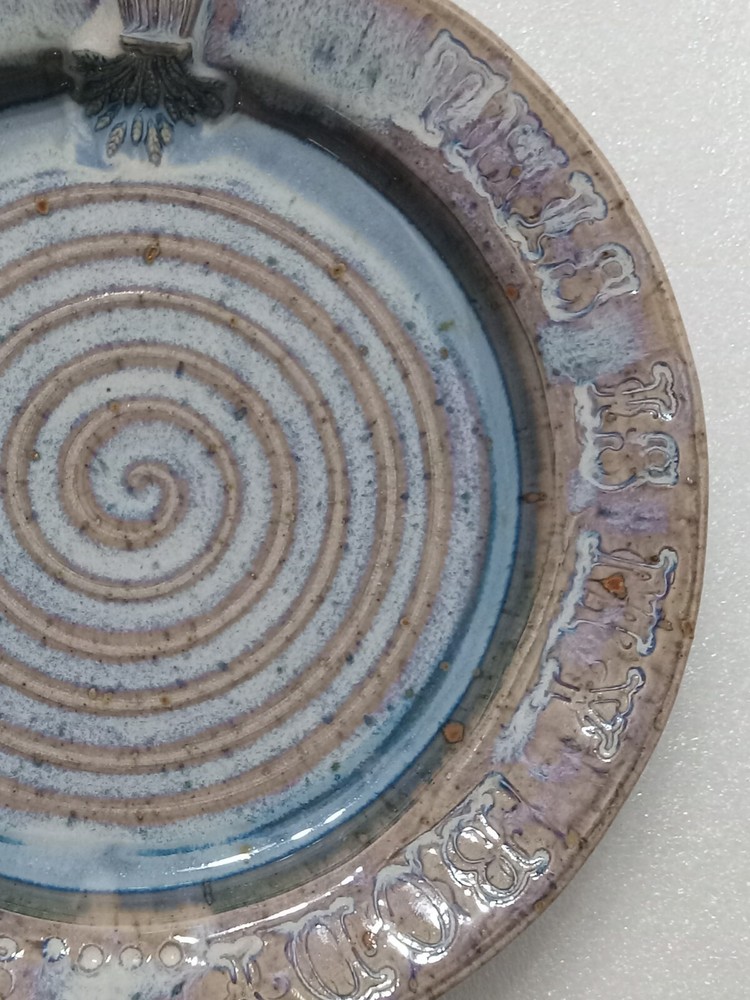 Ceramic Stoneware Chalice & Paten Set Scripture/Crown Thorns Pastel Blue Signed