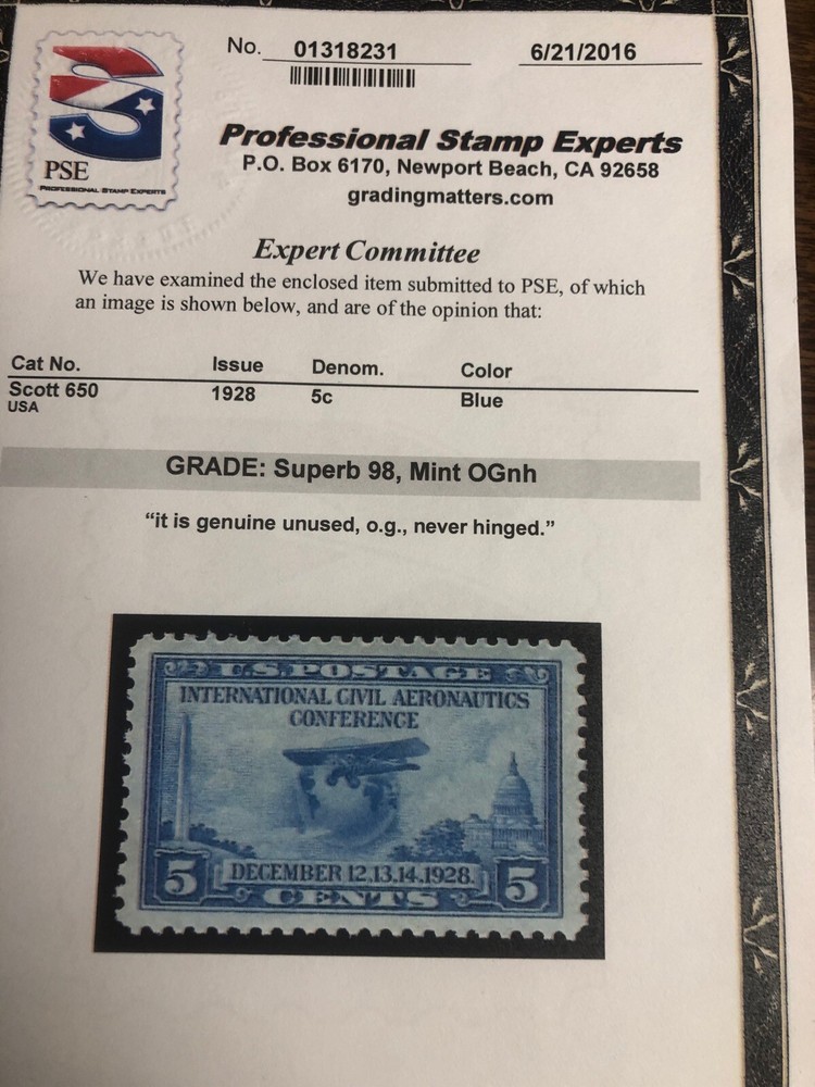 Markest 650 .05 Blue Superb Never Hinged PSE certificate Graded SUPERB Graded 98