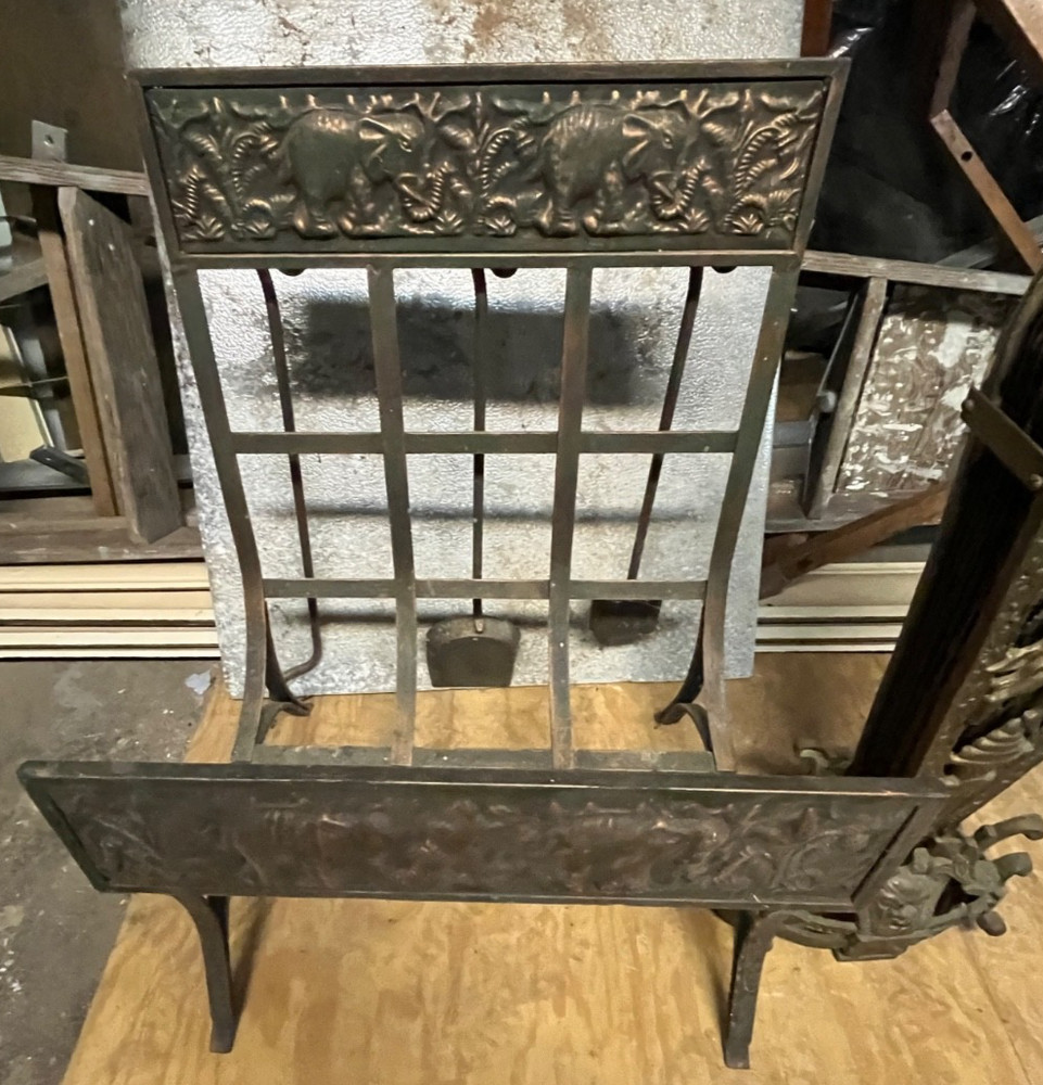 Antique embossed copper fireplace screen elephants,tools, Peacock