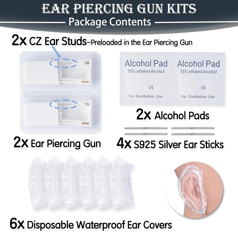 Complete Ear Piercing Kit: Dual Disposable Guns, 16 Components for Safe Piercing