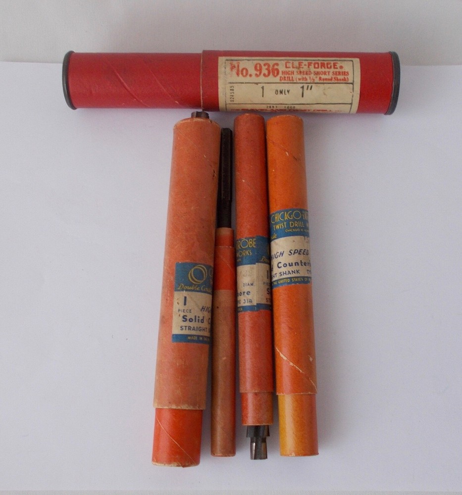 5 Different Drilling Boring BITS~~Vintage in Cylindrical Tubes