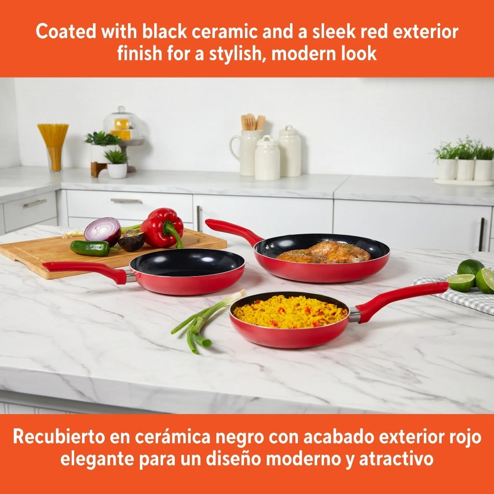 3-Piece Nonstick Ceramic Cookware Set, 7"/9"/11", Red​