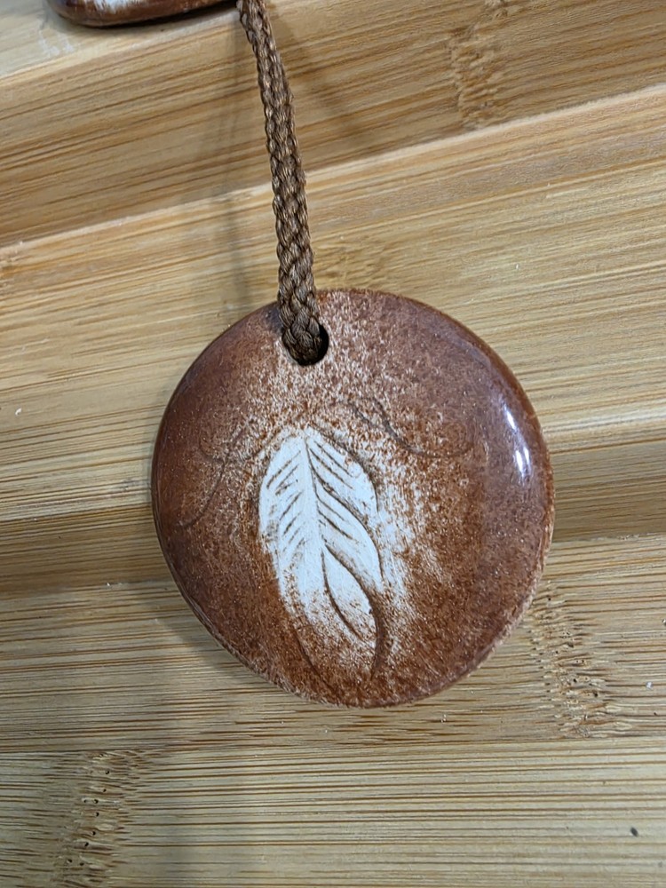 Handmade Ceramic Bell Wind Chime Feather Design Brown Pottery Art Boho Garden