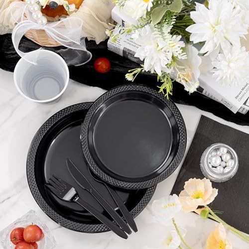 210 PCS Plastic Plates for 30 Guests - Disposable Dinnerware Set - Black