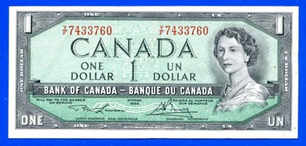Canada One Dollar Bill $1.00 1954