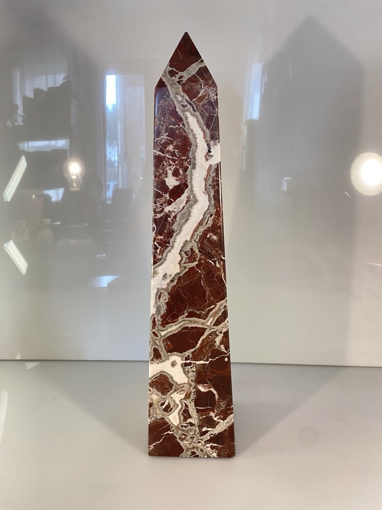 Decorative Oversized Rosso Levanto Marble Natural Stone Solid Obelisk 18” Tall