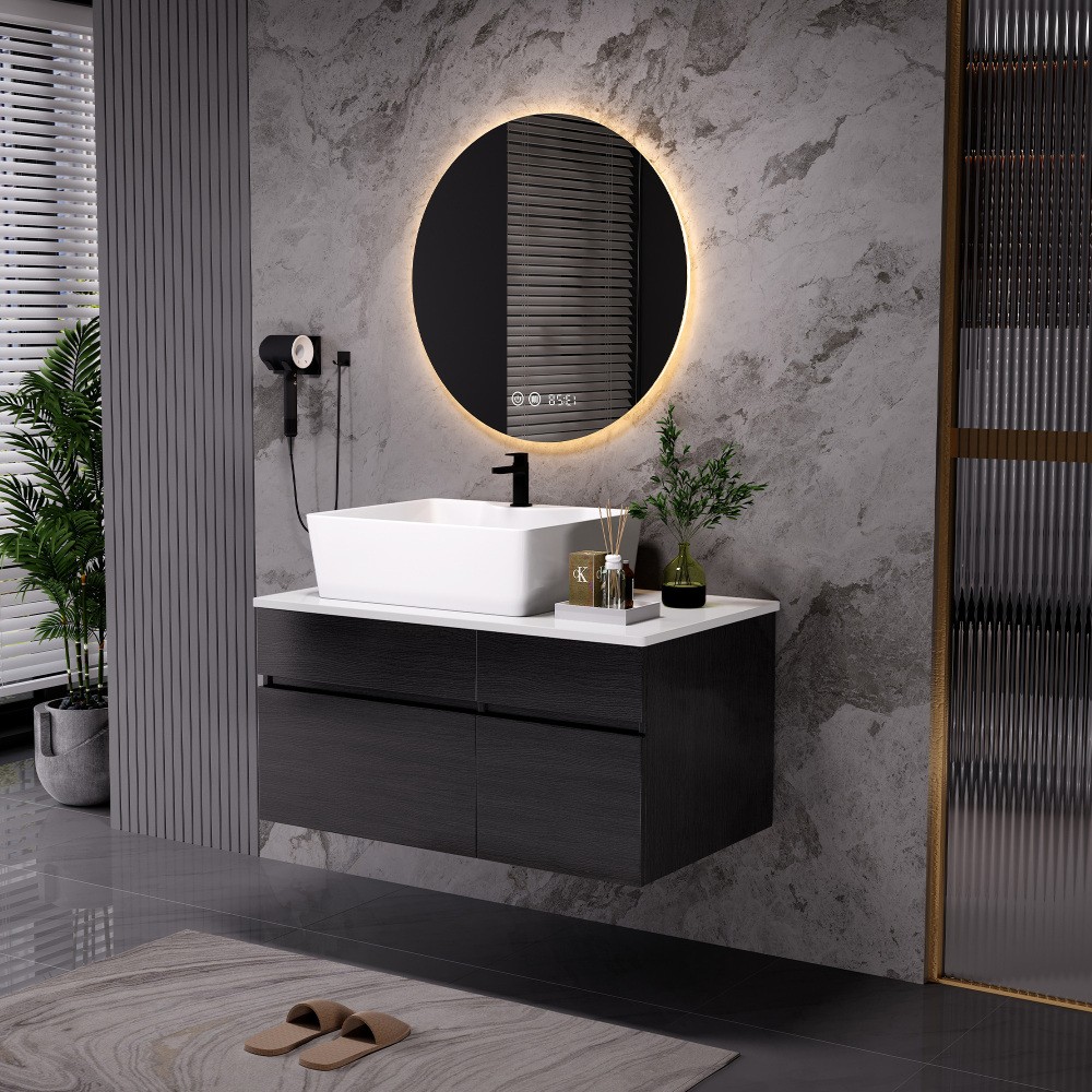 Modern Small Floating Single Bathroom Vanity with Ceramic Sink & Drawer,Black