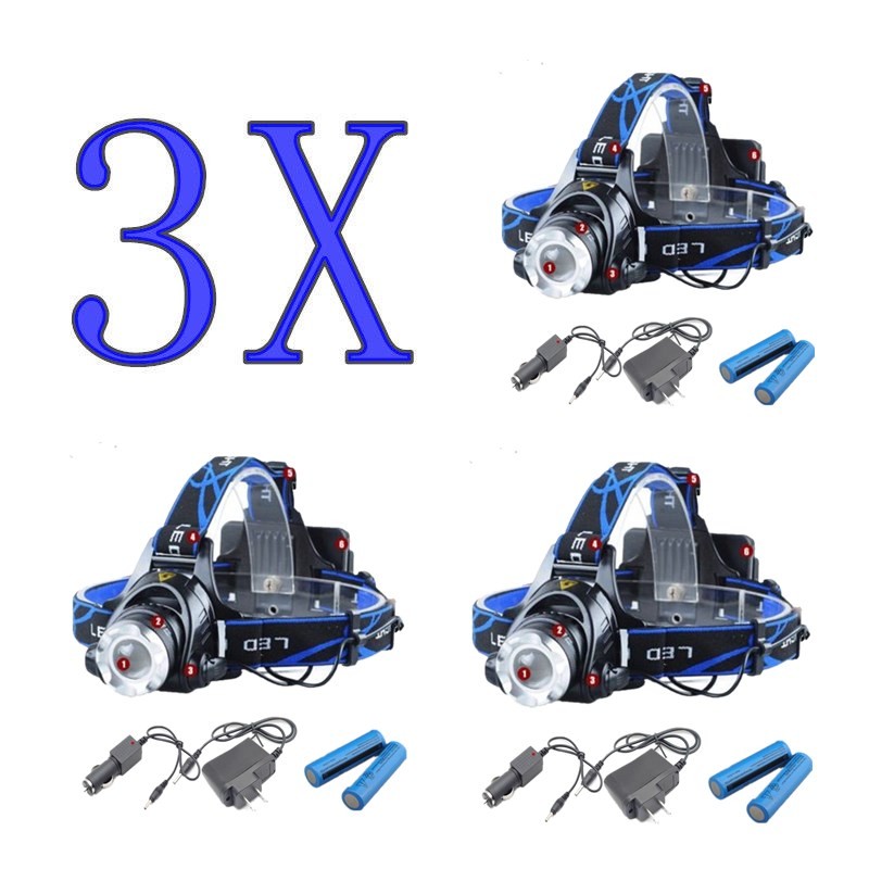 3Pack Rechargeable Headlight Zoomable Head Torch Lamp Flashlight LED Headlamp
