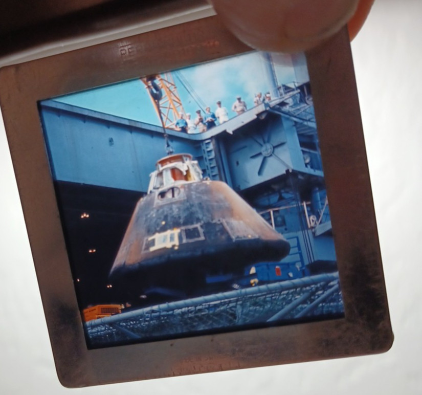 Apollo Command Module Being lowered on Ship after Return Perro color Slide JRR26