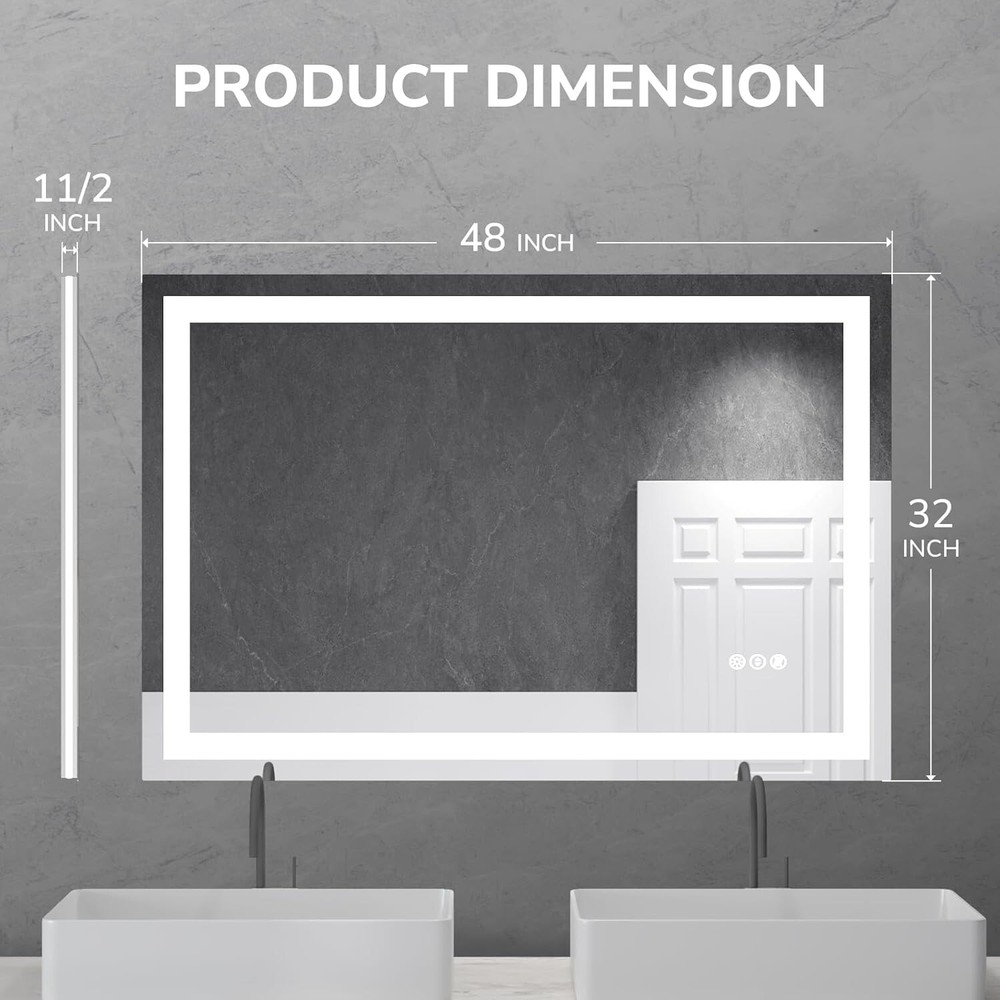 48x32'' LED Bathroom Mirror Dimmable Wall Vanity Mirror, Horizontal and Vertical