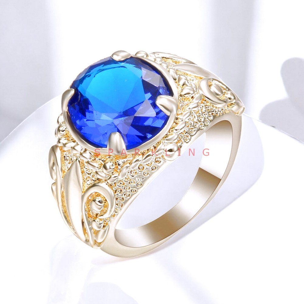 Blue Sapphire Round Cut With 14K Solid   Gold  Ring For Men#E481