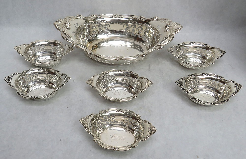 GORHAM STERLING SILVER RETICULATED 7 PIECE NUT DISH SET WITH MASTER DISH