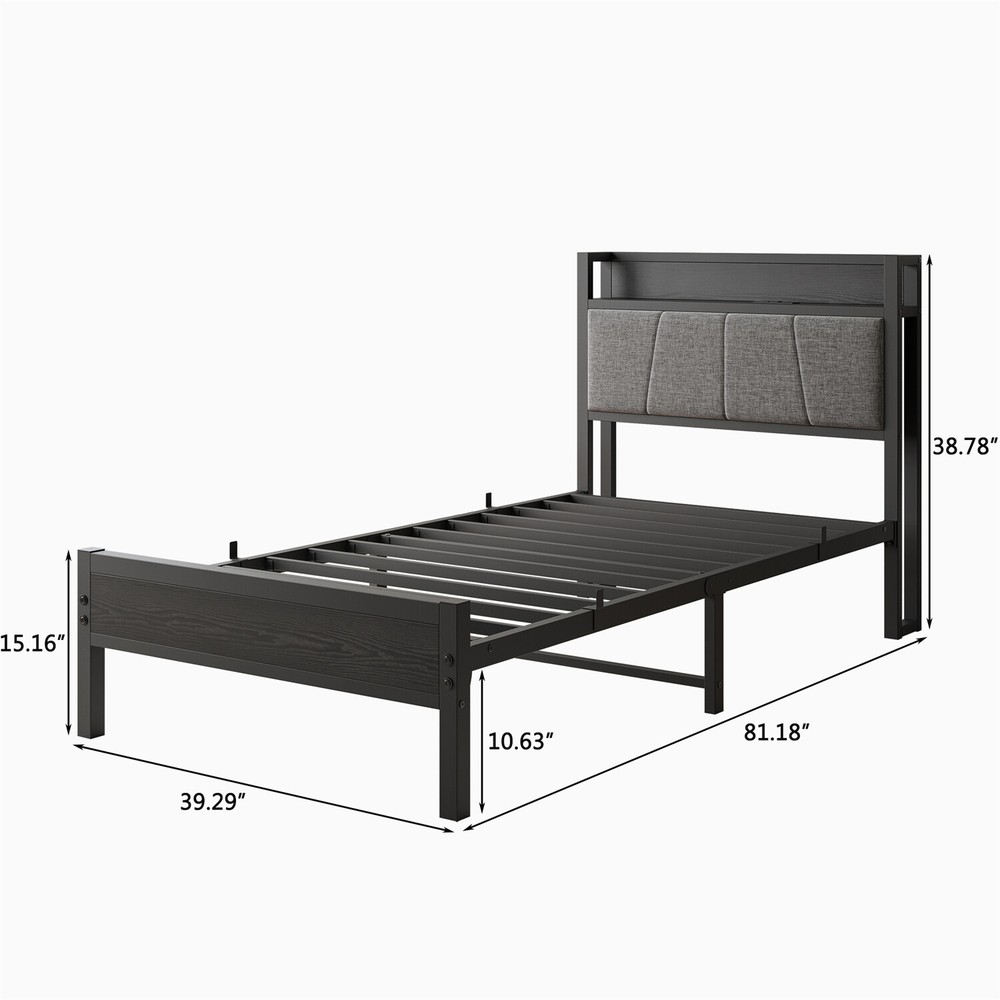 Twin/Full Size Bed Frame Metal Platform Bed Frame w/ Storage Headboard Black US