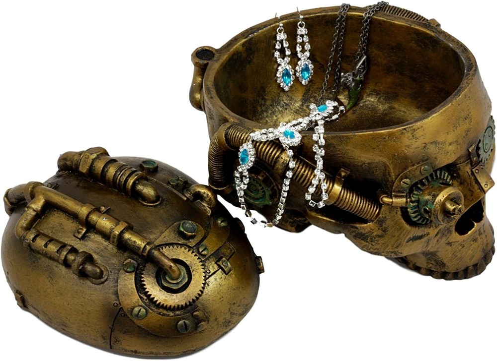 Steampunk Skull Box Robotic Gearhead Half Head 7.5" Long Container Keepsake Box