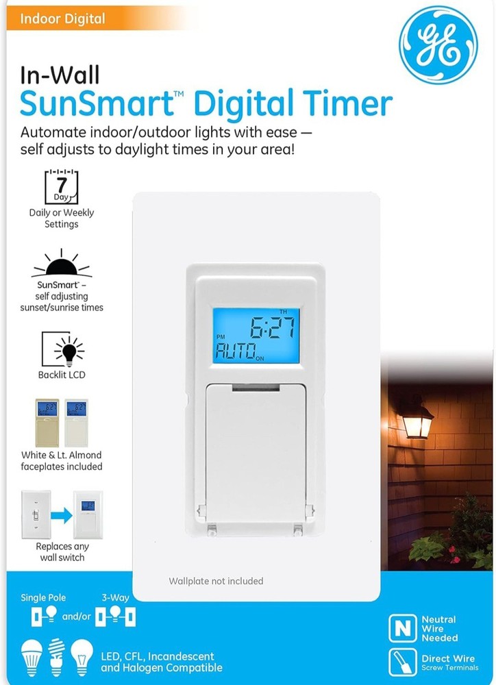 GE Sunsmart Digital In-Wall Timer - Daily ON/OFF Times, Programmable Settings