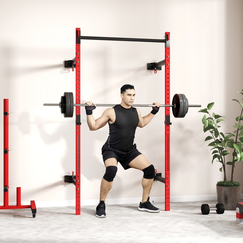 Folding Squat Rack with Pull Up Bar, 1000 Pounds Capacity, Red