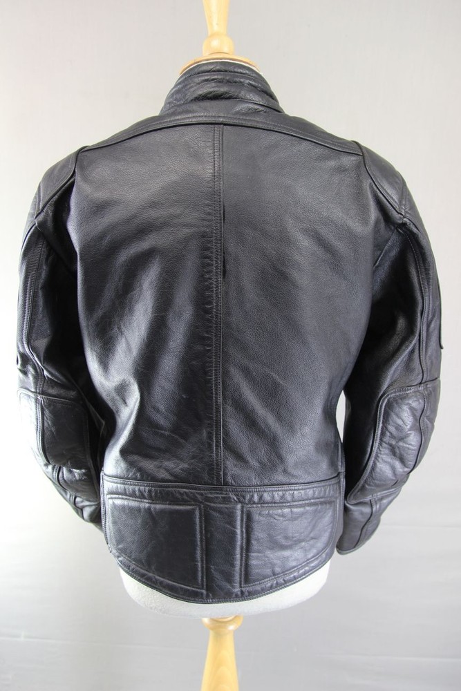 FRANK THOMAS BLACK LEATHER BIKER JACKET + BACK PROTECTOR & THERMAL LINING 36-38"