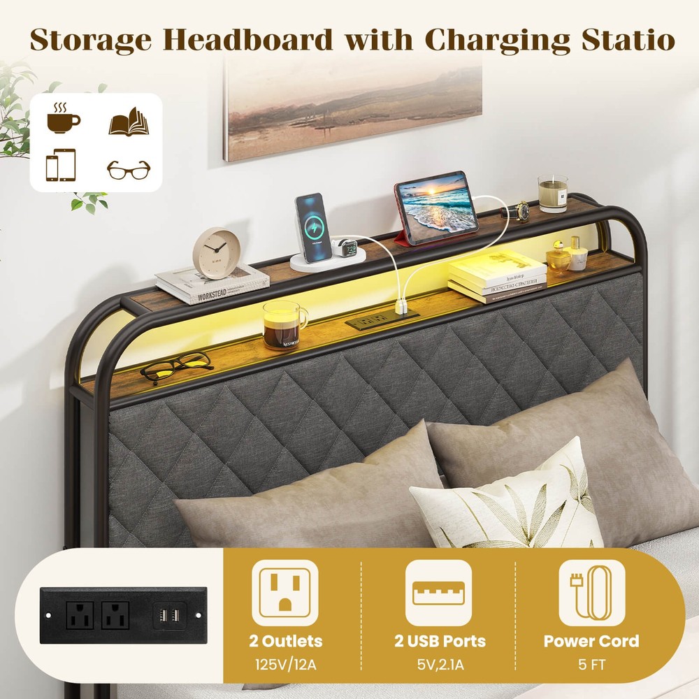 Full Size Bed Frame with LED Lights & Charging Station Storage Headboard