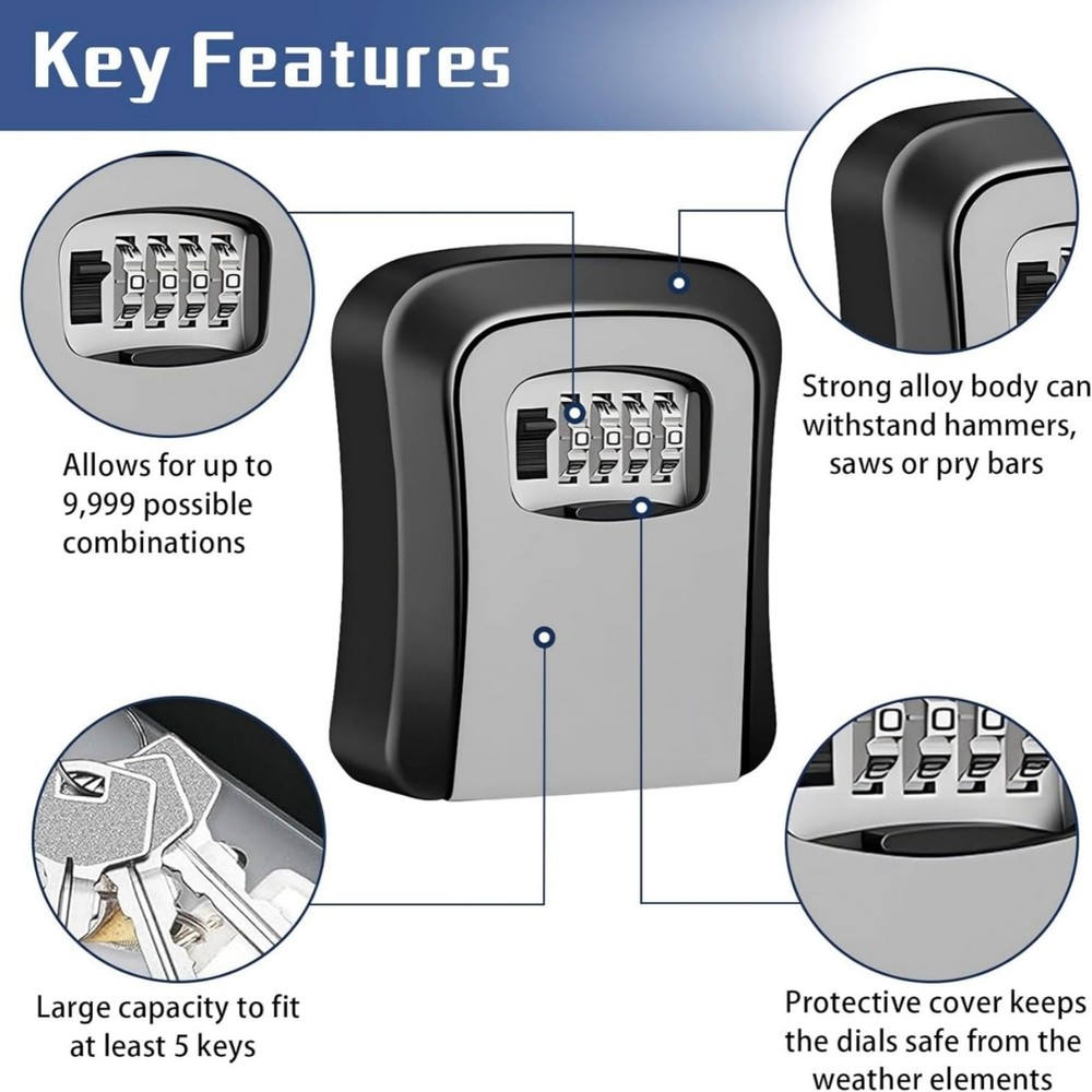 Secure Wall Mount Key Lock Box with 4-Digit Password Protection - Outdoor Key...