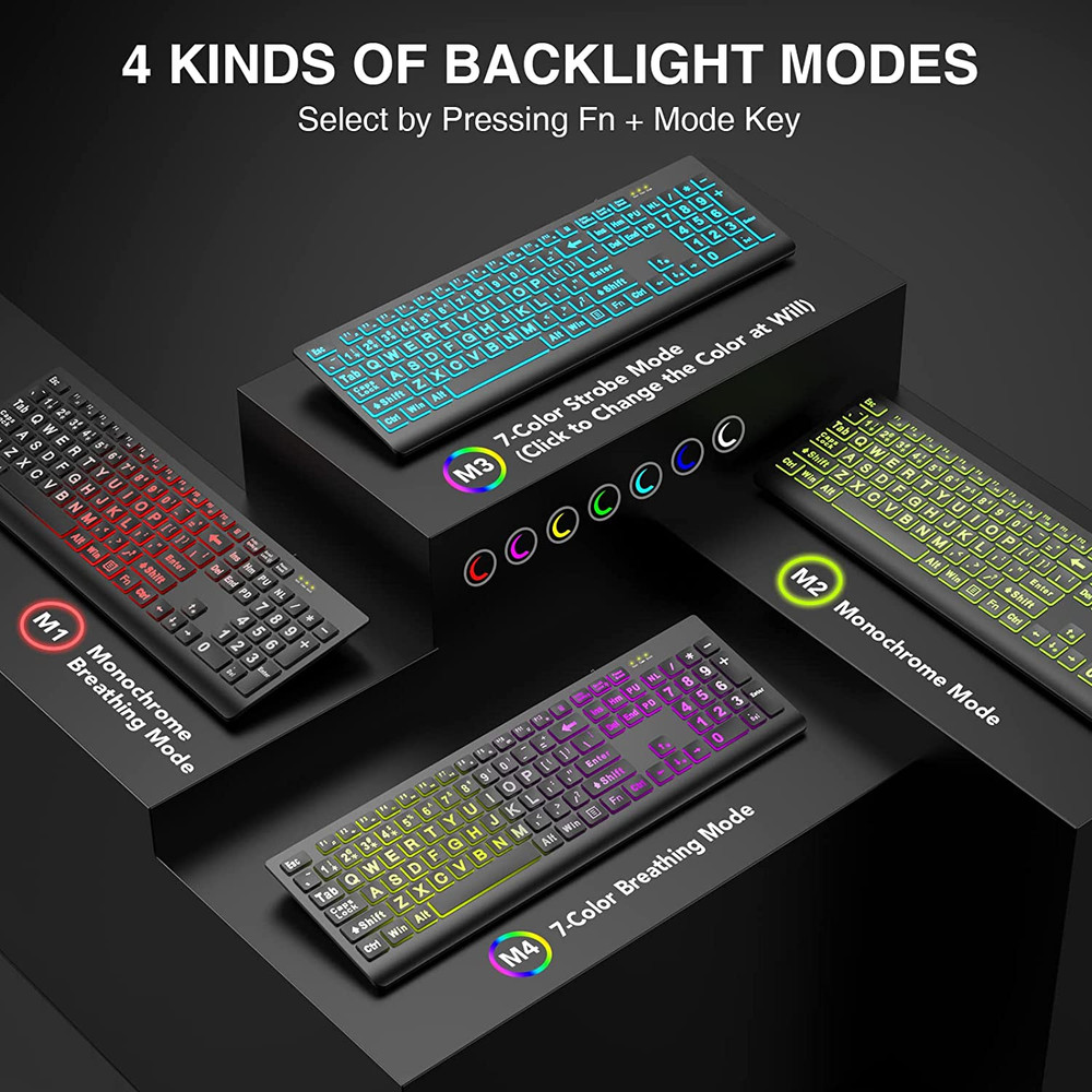 Large Print Backlit Keyboard, Wired USB Lighted Computer Keyboards with 7-Color
