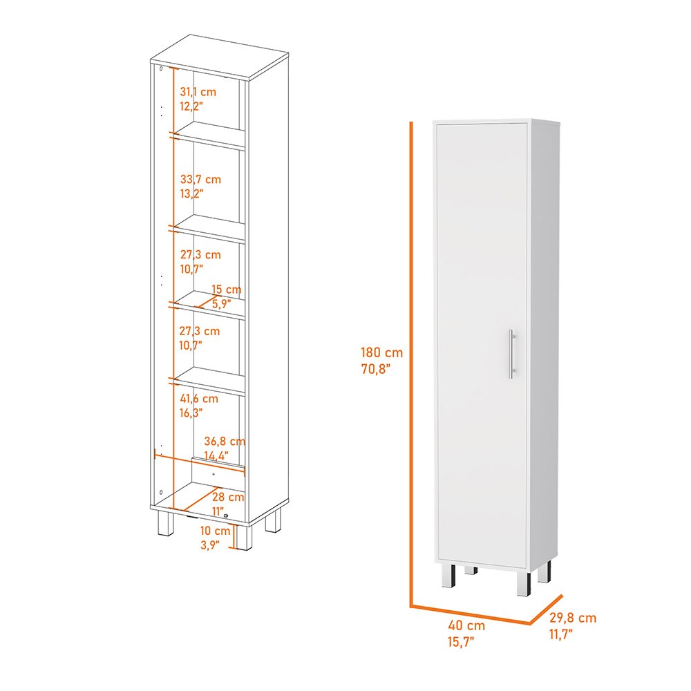 Multi-functional storage cabinet - white finish, single door and five shelves