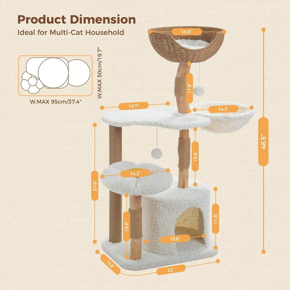 48.5'' Modern Cat Tree for Large, Cozy Hammock, Scratching Post, White
