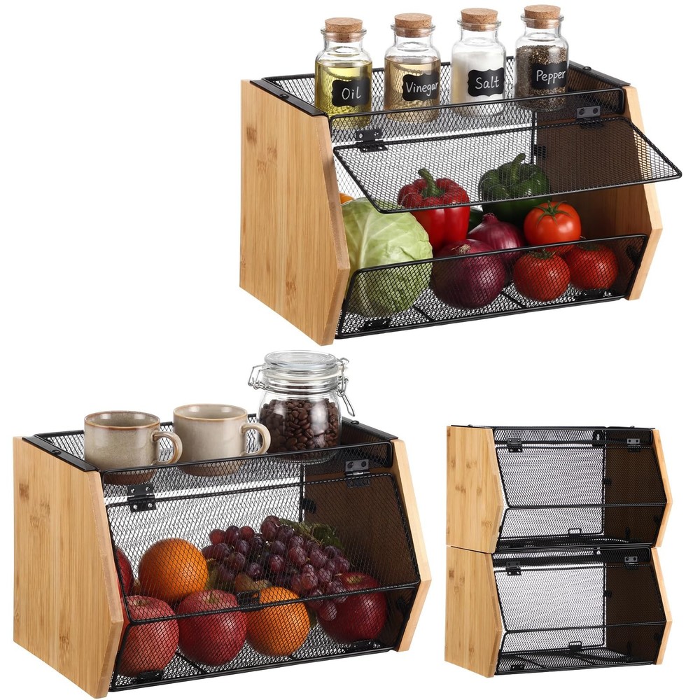 2PCS Stackable Mesh Fruit Basket Wall Mounted Storage Bin for Kitchen Bathroom