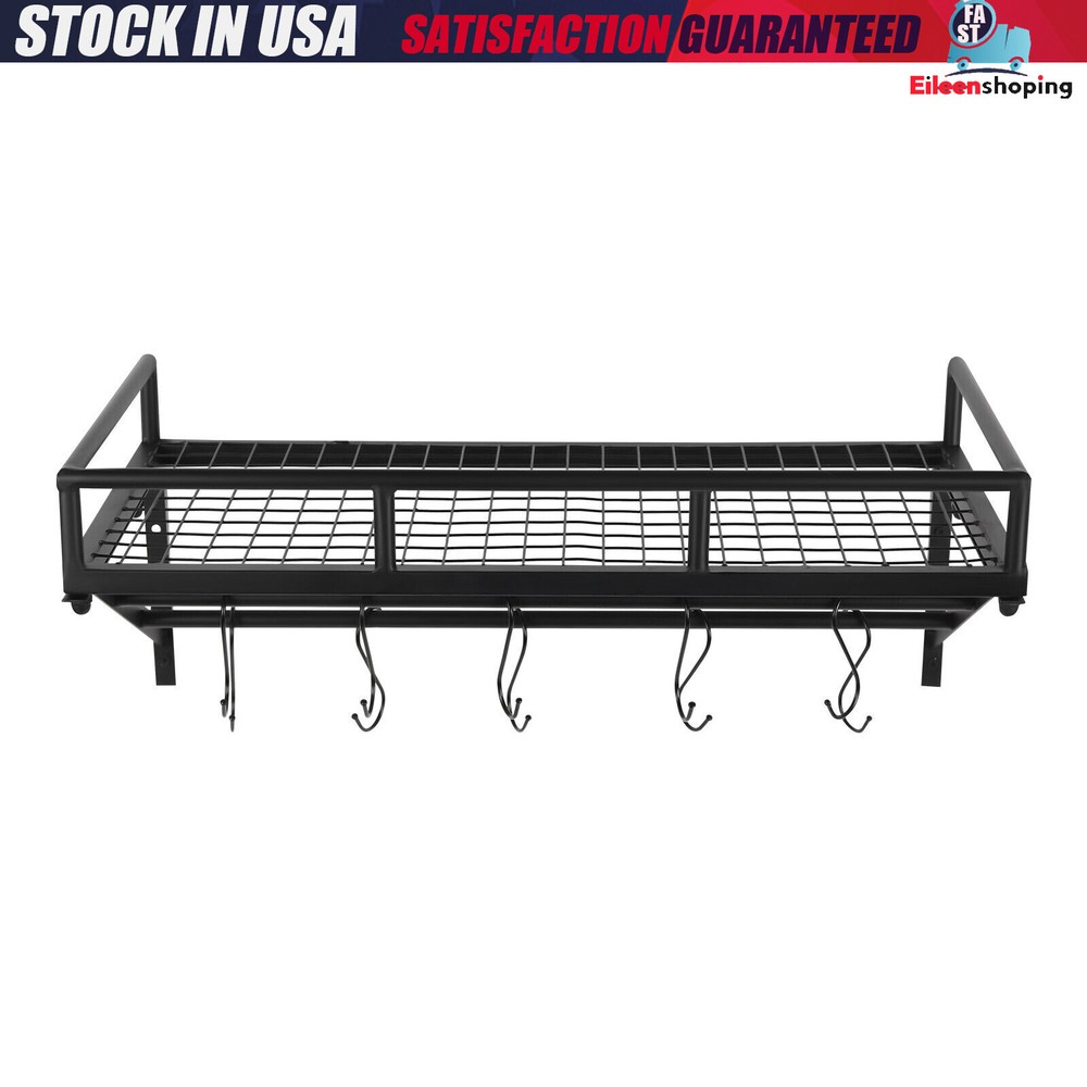 Kitchen Wall Mounted Storage Shelf Cookware Pan Pot Organizer Rack with 10 Hooks