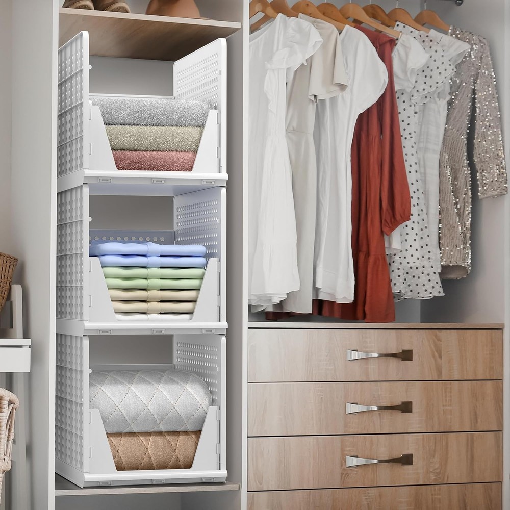 Stackable Shelf Organizer Basket Plastic Closet Clothes Pantry