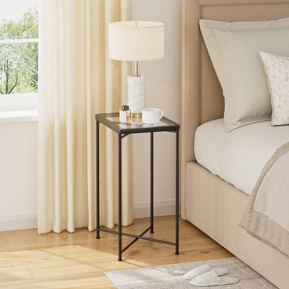 Small Side Table, Glass End Table, Outdoor Side Table with Metal Frame, Mini ...