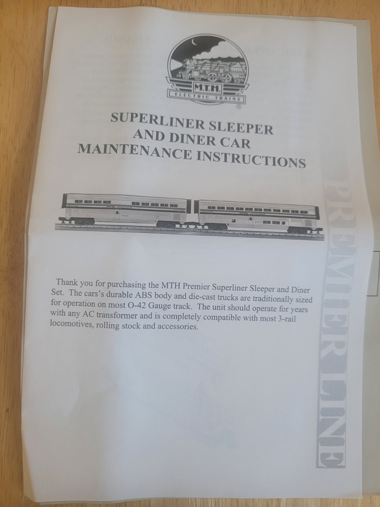 MTH Premier Superliner Sleeper & Diner Maintenence instructions - Manual