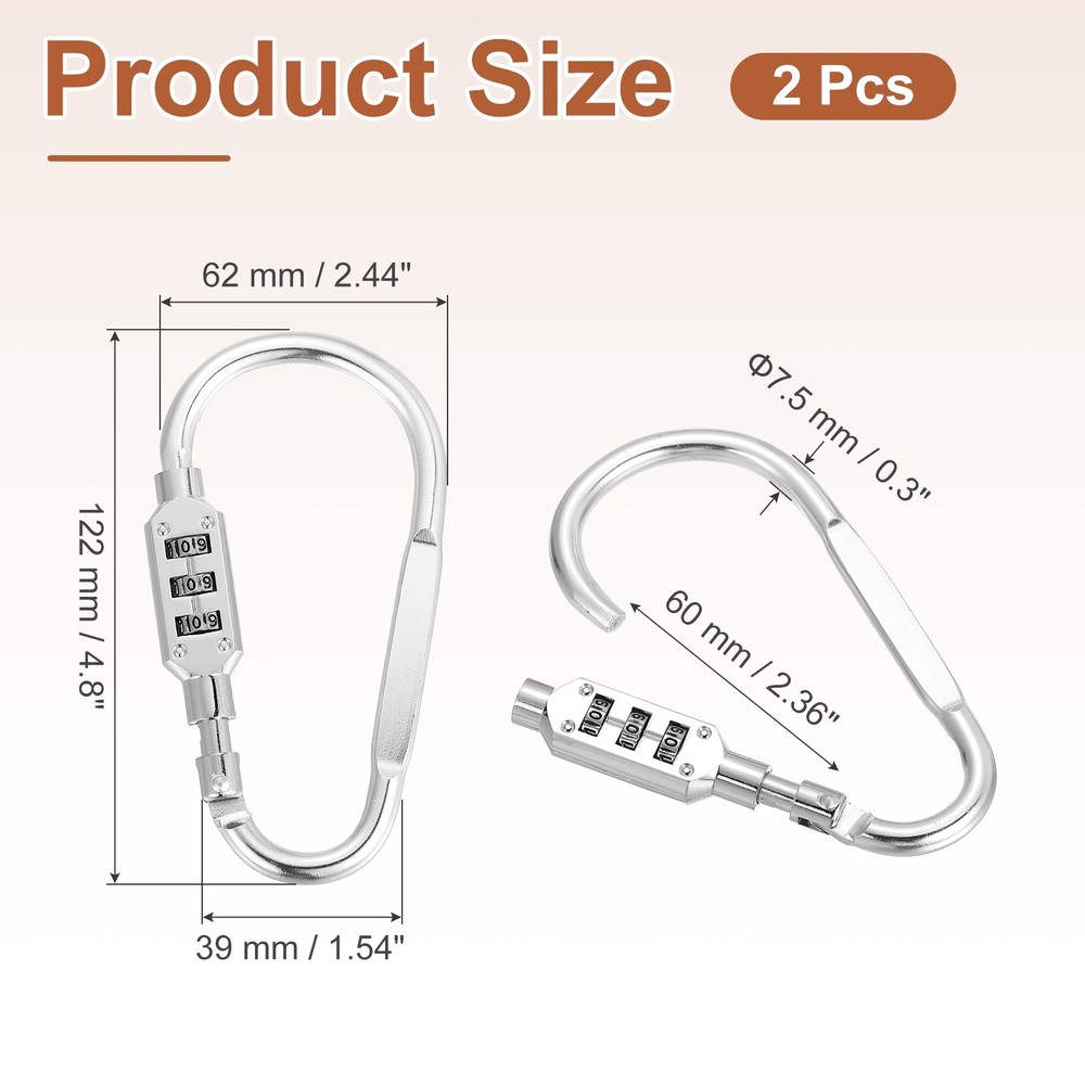 2 Pcs 4.8" x 2.4" D-Shaped 3-Digit Code Combination Lock D-Ring Clip, Silver
