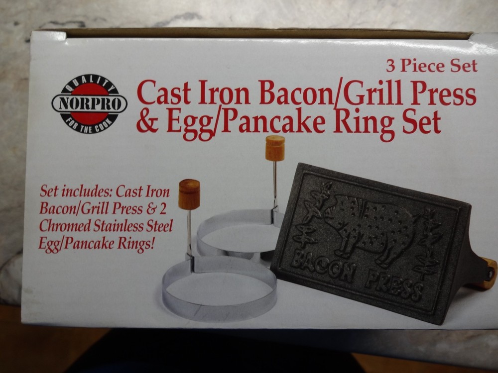 Cast Iron Bacon/Grill Press Egg/Pancake Ring Set & Batter Pitcher