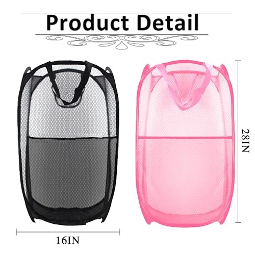 Collapsible Pop Up Laundry Hamper, Extra Large Mesh Foldable 2P Black+Pink