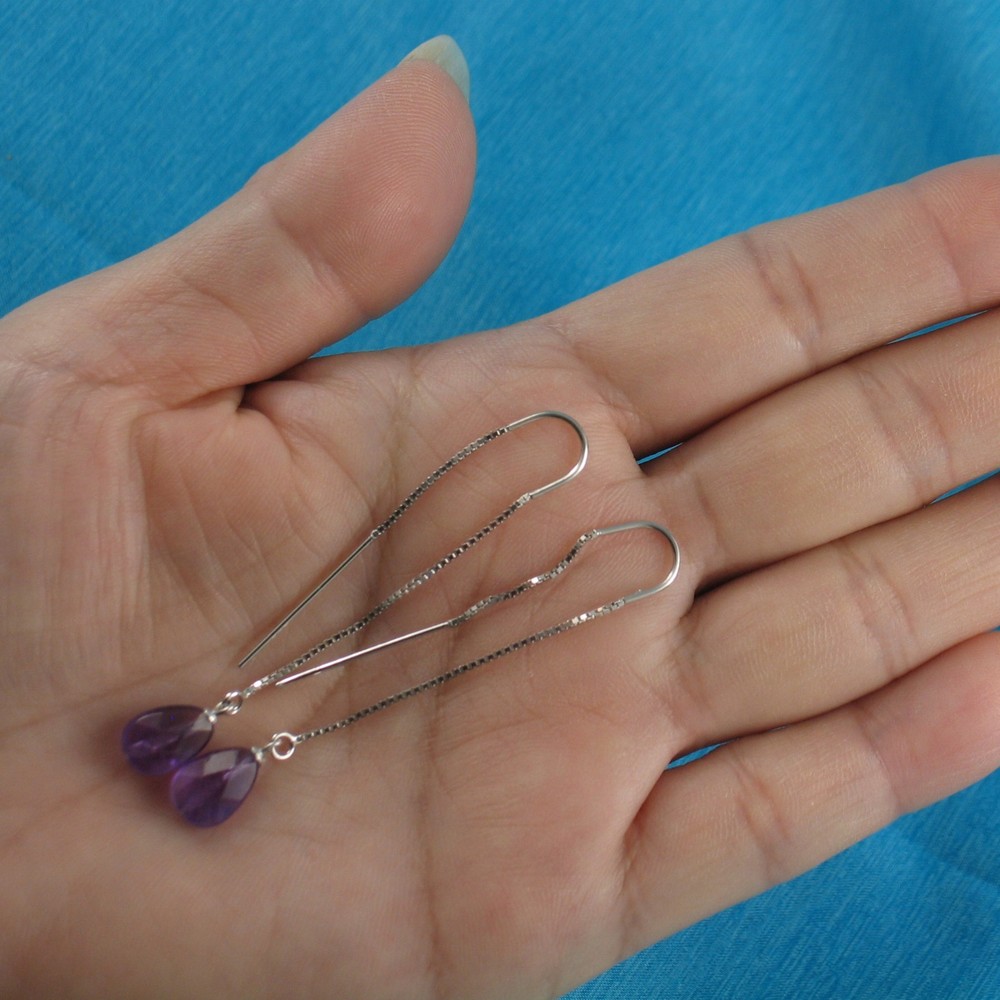 Solid Silver 925 Box Chain Hook Faceted Drop Genuine Amethyst Dangle Earrings