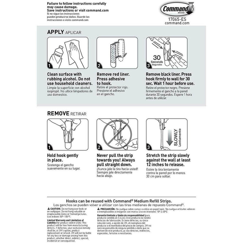 4 Packs 3M Command 2 Medium Wire Hooks & 3 Adhesive Strips Per Pack Max 2 lb
