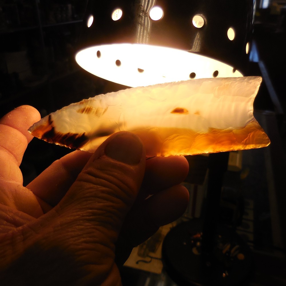 RARE MONTANA AGATE TRANSPARENT FLUTED CLOVIS POINT--CLASSIC FORM AND FLAKING